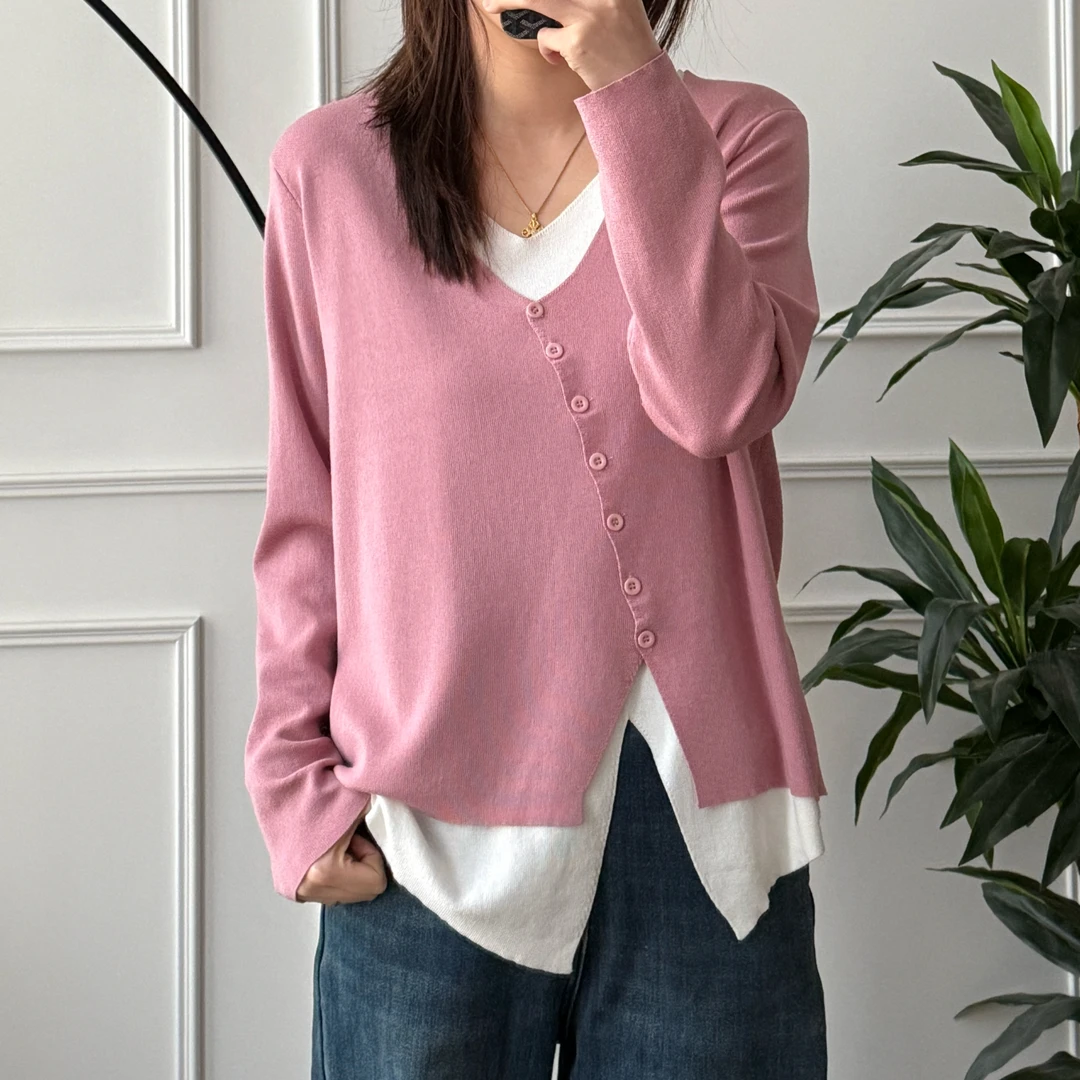 美亚恩NANA韩系V领气质撞色假两件长袖显瘦针织衫上衣女宽松K0001