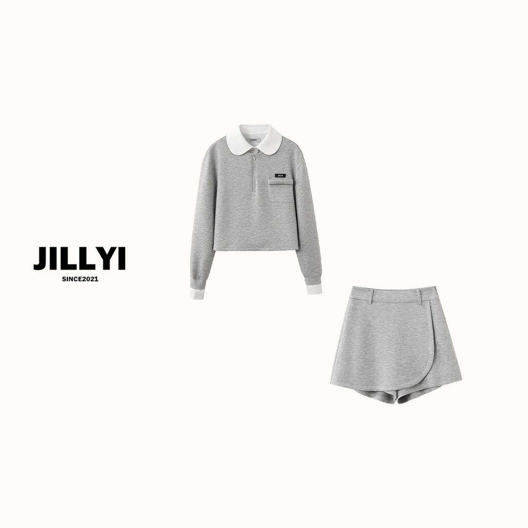 JILLYI珠海店【灰调棉花糖】灰色元宝领休闲卫衣+灰色不规则半裙运