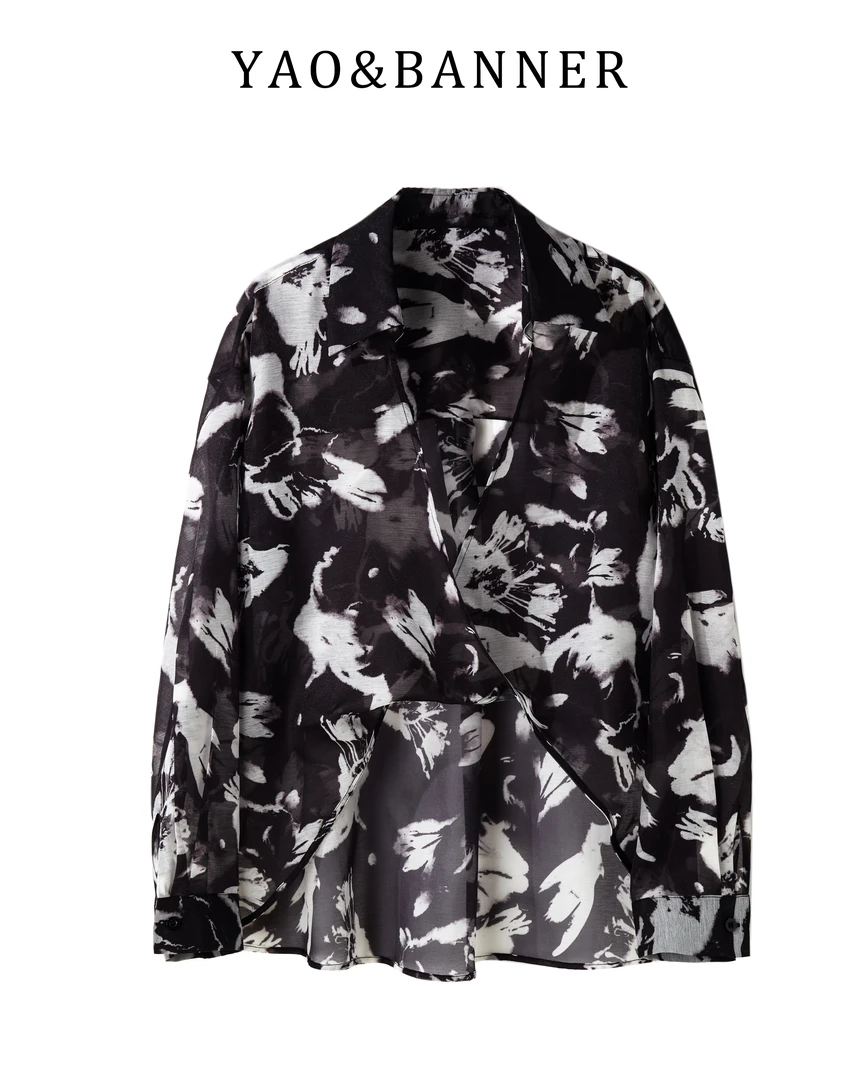 Y&B禅意气质款女装多巴胺服装女欧根墨彩花卉空气感衬衫式罩衫