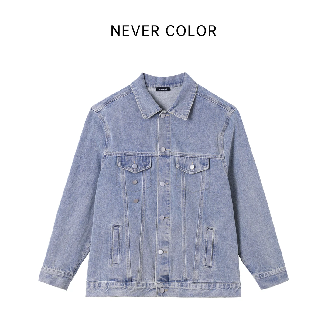 NEVER COLOR【M吉拉】浅蓝做旧重磅牛仔外套宽松翻领复古夹克上衣女