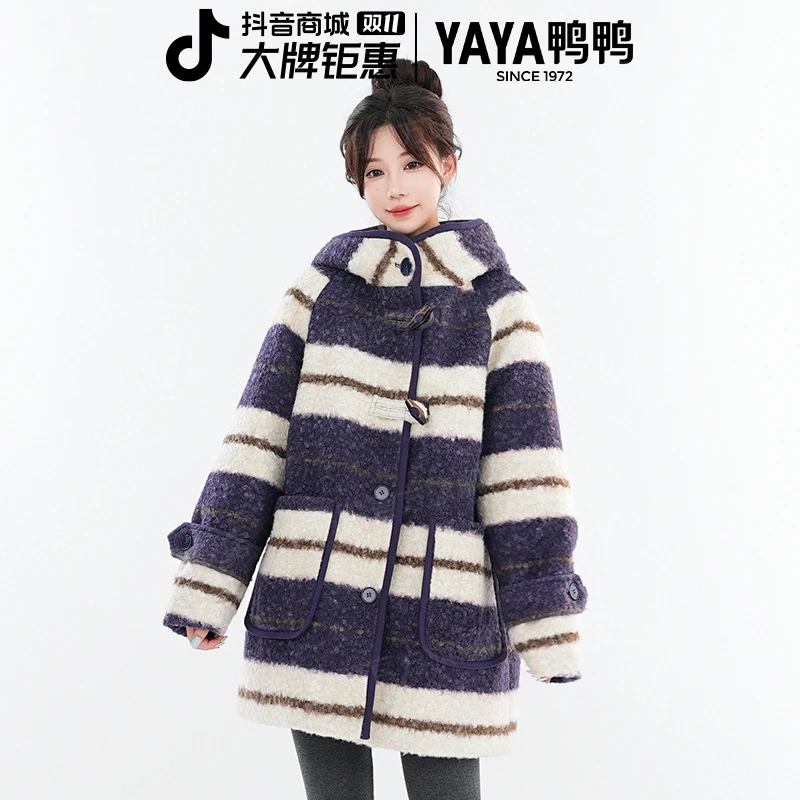 YAYA/鸭鸭羽绒服女秋冬中长款时尚休闲风宽松条纹韩版YE4B617752H