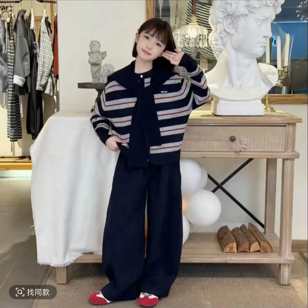 女童套装2025春秋爆款中大童韩版宽松运动条纹开衫潮酷裤子两件套