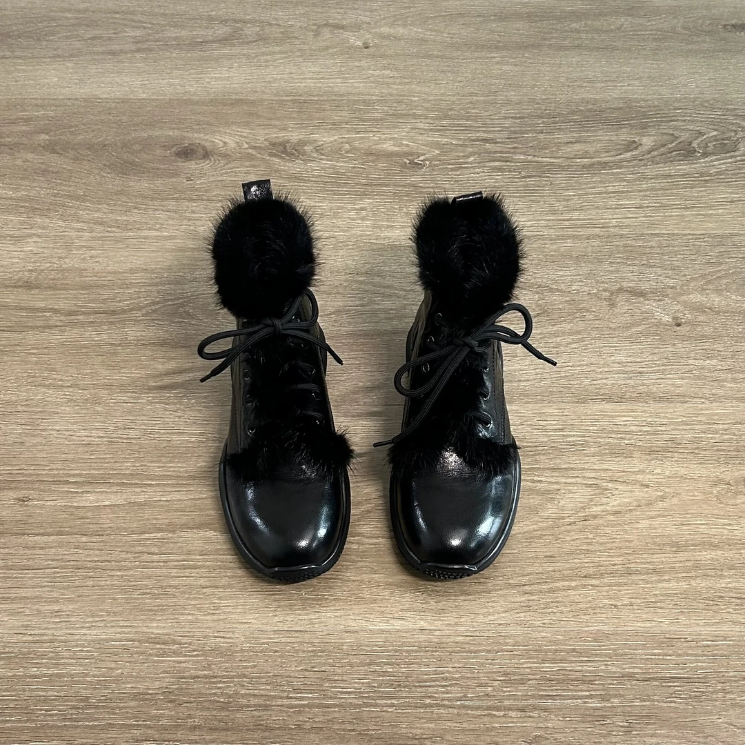 Dannyfrey复古小众英伦风头层羊皮系带运动大底水貂毛马丁靴4CM