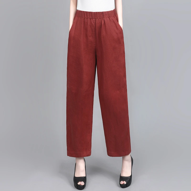 亚麻气球裤女酒红凉感轻薄透气百搭休闲裤2025春夏新款棉麻九分裤