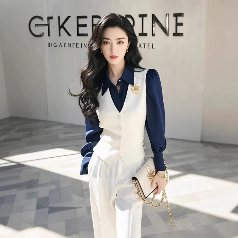 早春穿搭一整套小个子高级感气质职业小香风蓝色马甲裤子两件套装