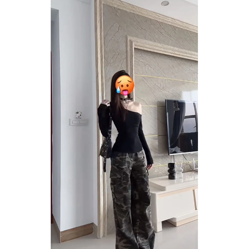 美式辣妹风修身斜肩设计感黑色长袖上衣高腰显瘦小众迷彩阔腿裤女