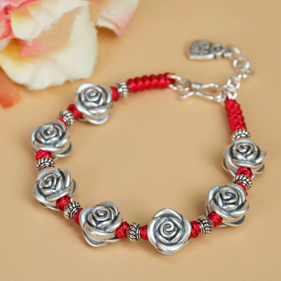 足银手链 足银手链花开富贵玫瑰花手链手工素款编织复古小众百搭