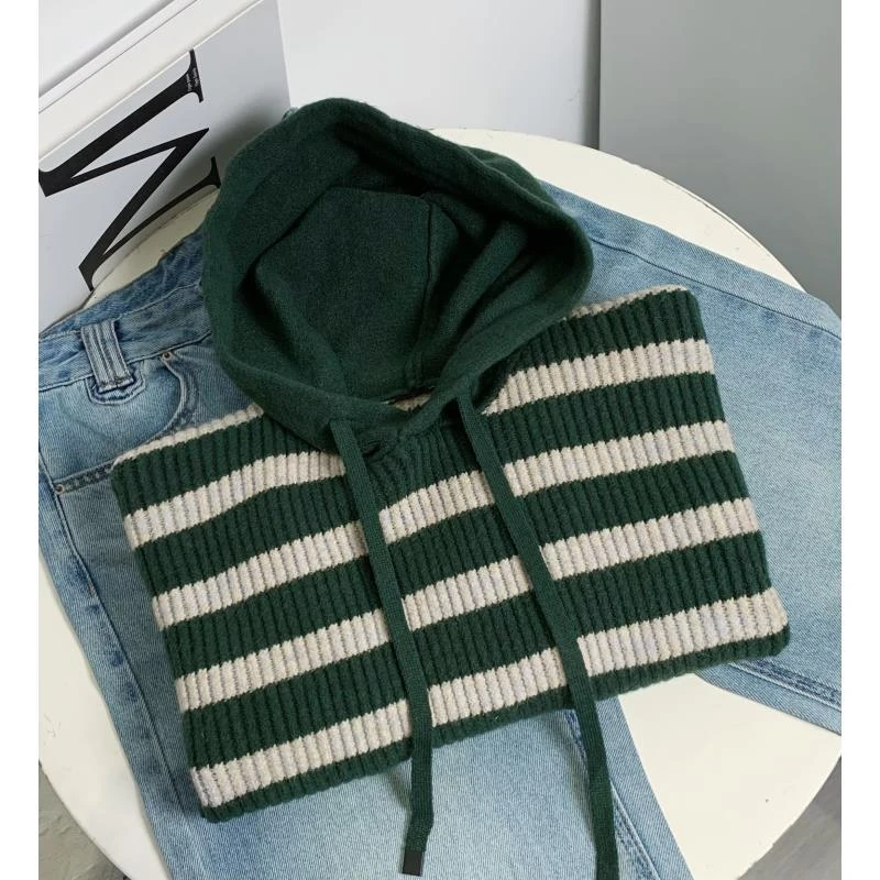 【倩倩清仓】绿白条纹舒适百搭连帽针织卫衣2346