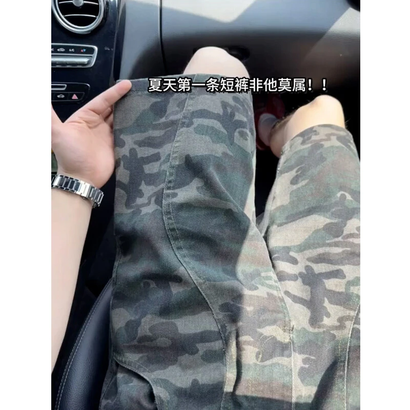美式迷彩工装短裤男夏季潮牌vibe宽松直筒中裤休闲过膝五六分裤子