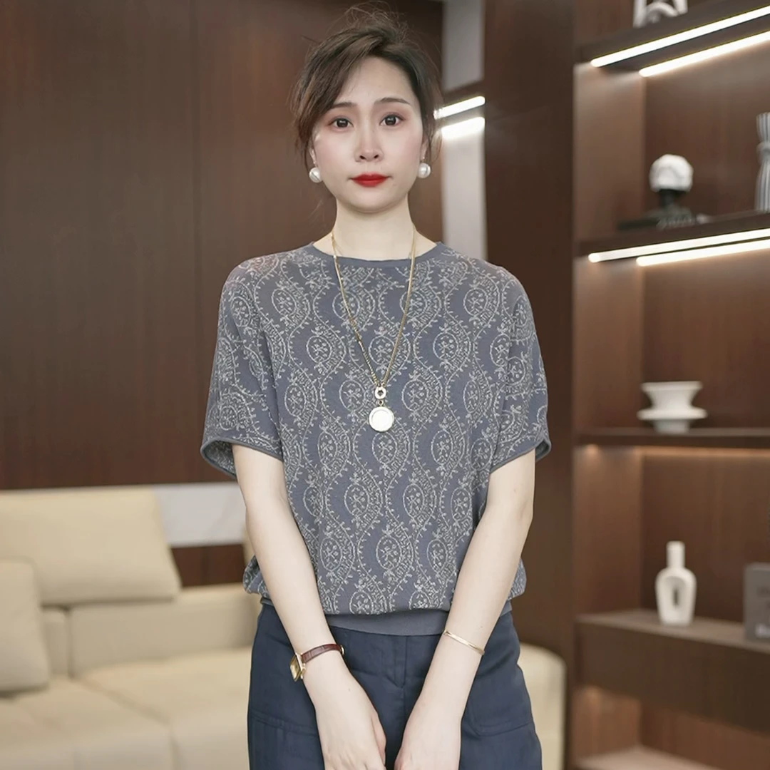 时尚洋气妈妈装针织衫女短袖夏装新款上衣减龄小衫气质3135