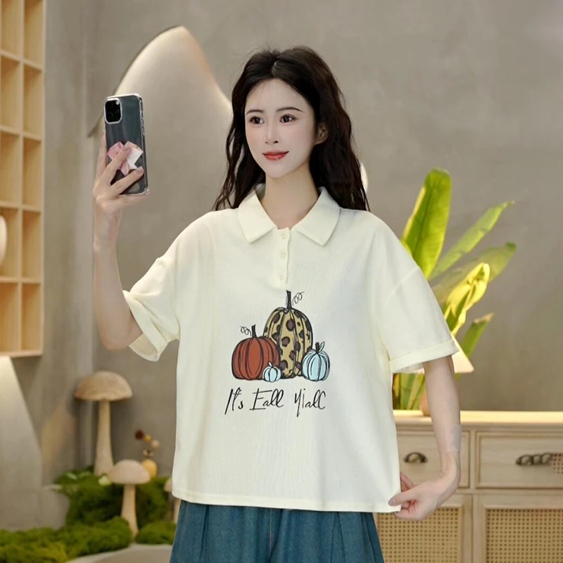 6713 夏季新款南瓜印花T恤休闲百搭宽松翻领短袖上衣