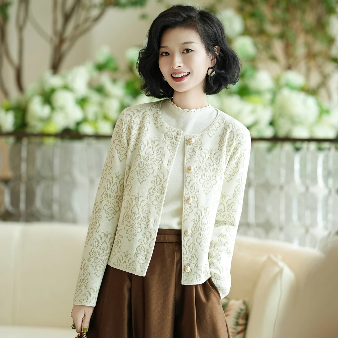 西子/【阿基米德】法式温柔百搭提花绵羊毛奶白色开衫/MSXS133