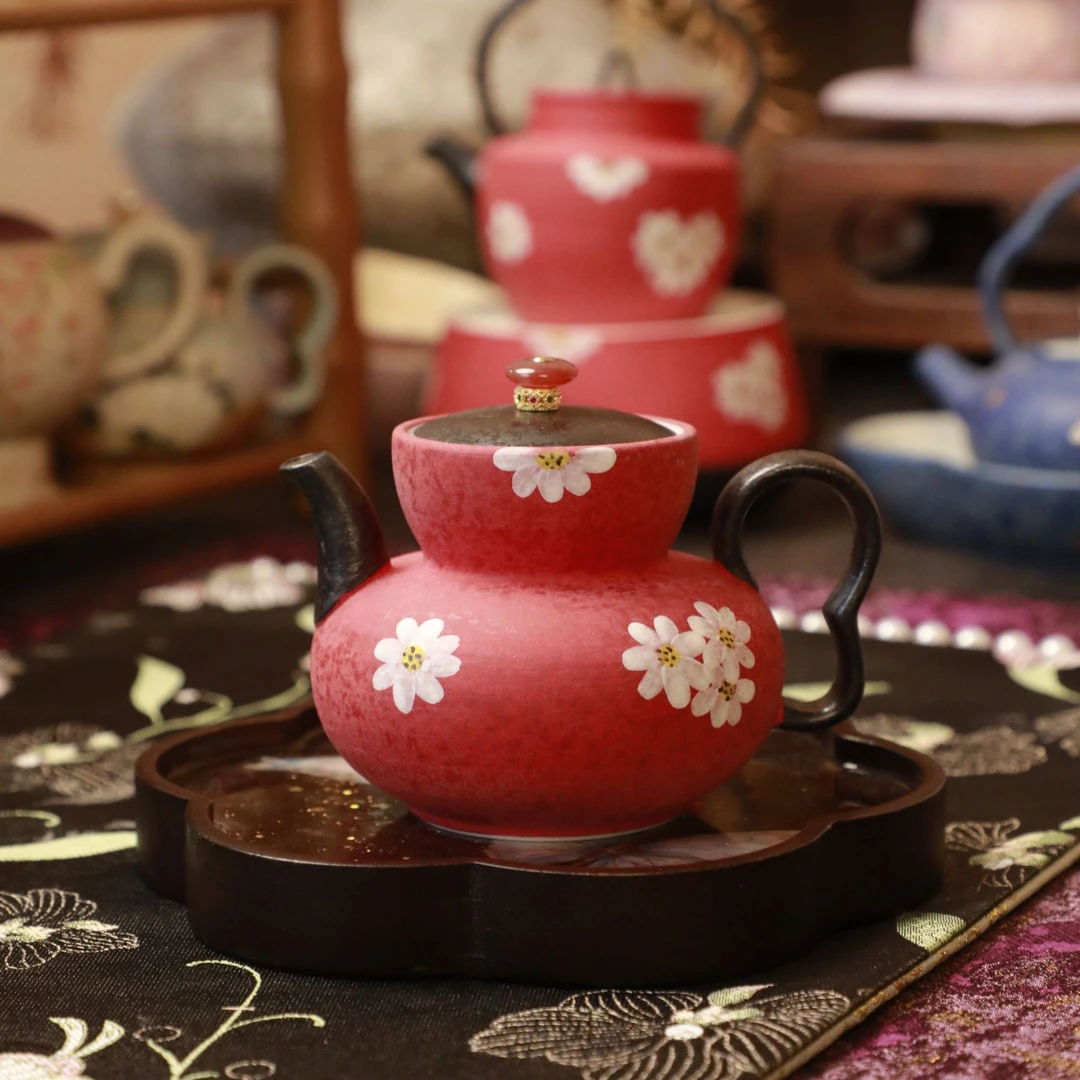 三柒-绯红手绘雏菊纹-宫灯壶