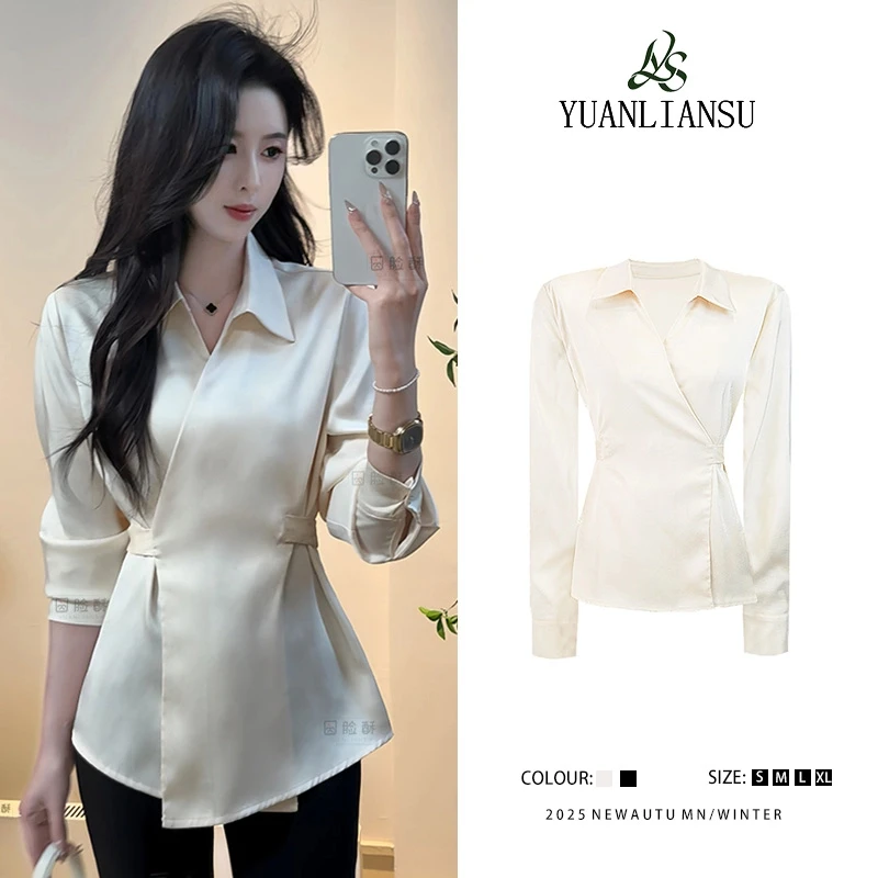 YUANLIANSU/圆脸酥【洛斯心事】法式设计感V领交叉绑带收腰显瘦衬衫