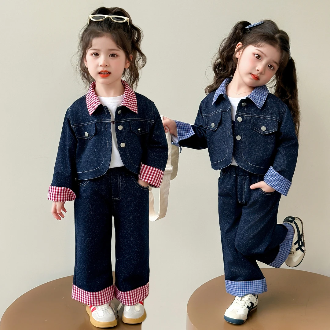 女童套装2025新款儿童格子翻领牛仔两件套女宝宝休闲时髦外穿潮