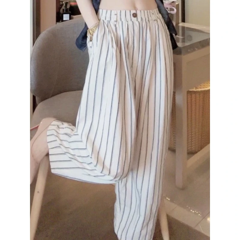 白色新款速干女夏季直筒裤松紧腰阔腿裤2025竖条纹小个子薄款休闲