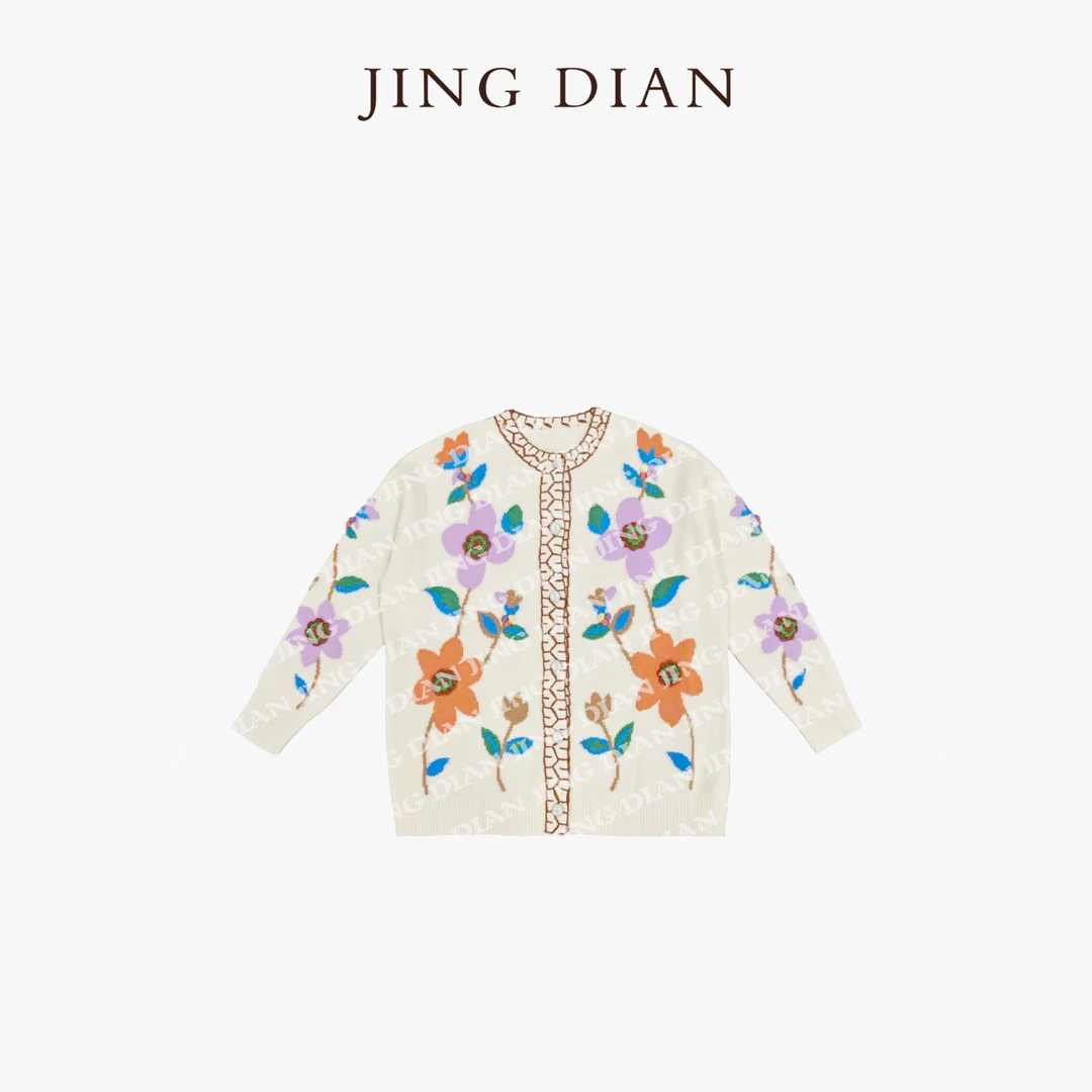 【JING DIAN】定制款米白色立体花朵羊毛开衫