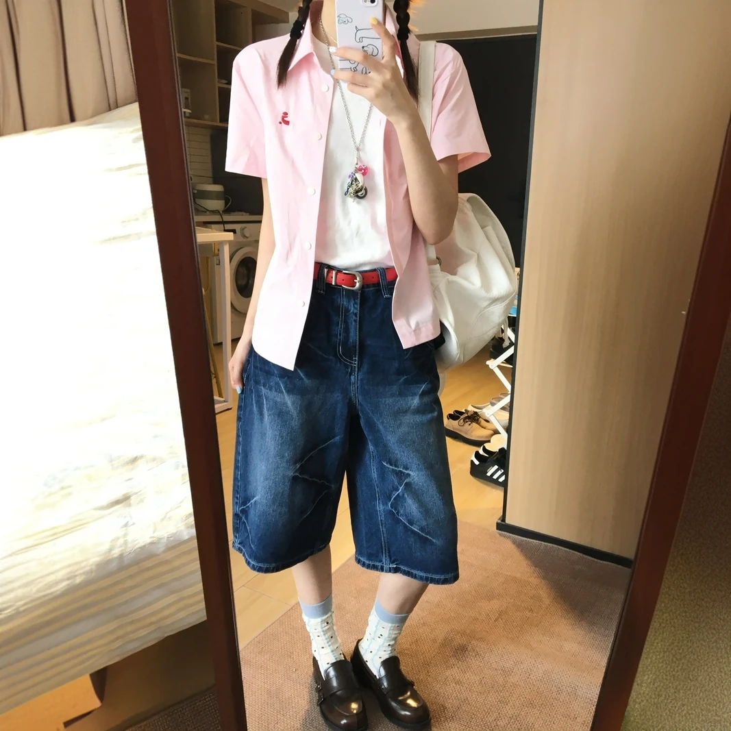 大码美式复古过膝水洗直筒牛仔裤女夏季新款闪电折纹阔腿七分裤潮