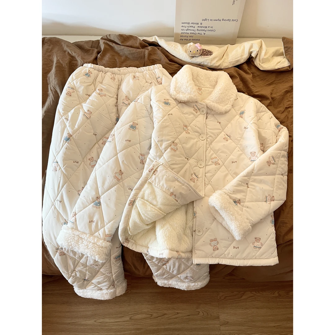 可爱卡通小熊夹棉休闲睡衣女秋冬季新款保暖加厚家居服套装可外穿