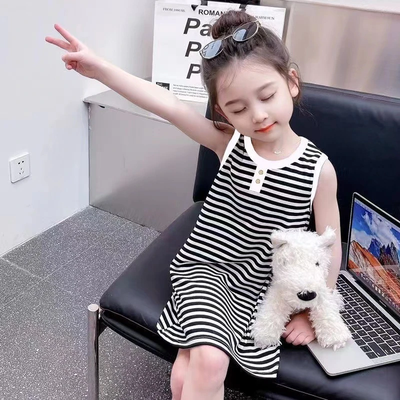 夏季女童连衣裙新款儿童韩版无袖条纹裙女宝宝薄款洋气圆领背心裙