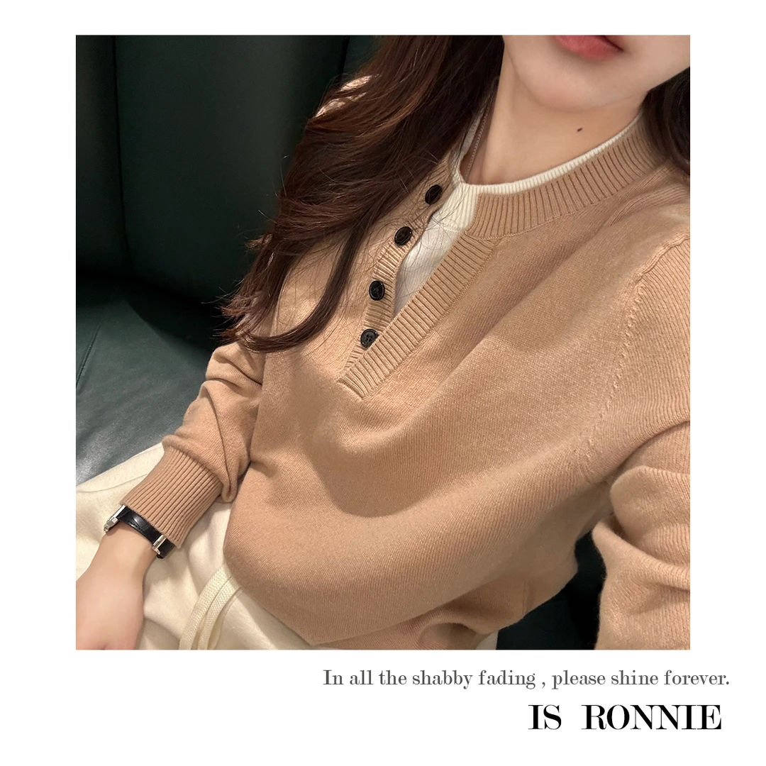 Is Ronnie【第五大道】100羊毛亨利领假两件拼接圆领套头毛衣GC5225