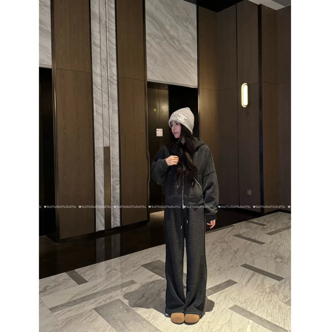宿慕SUMU 女加绒连帽外套+裤子套装 11-19冬季新款2025两件套9075