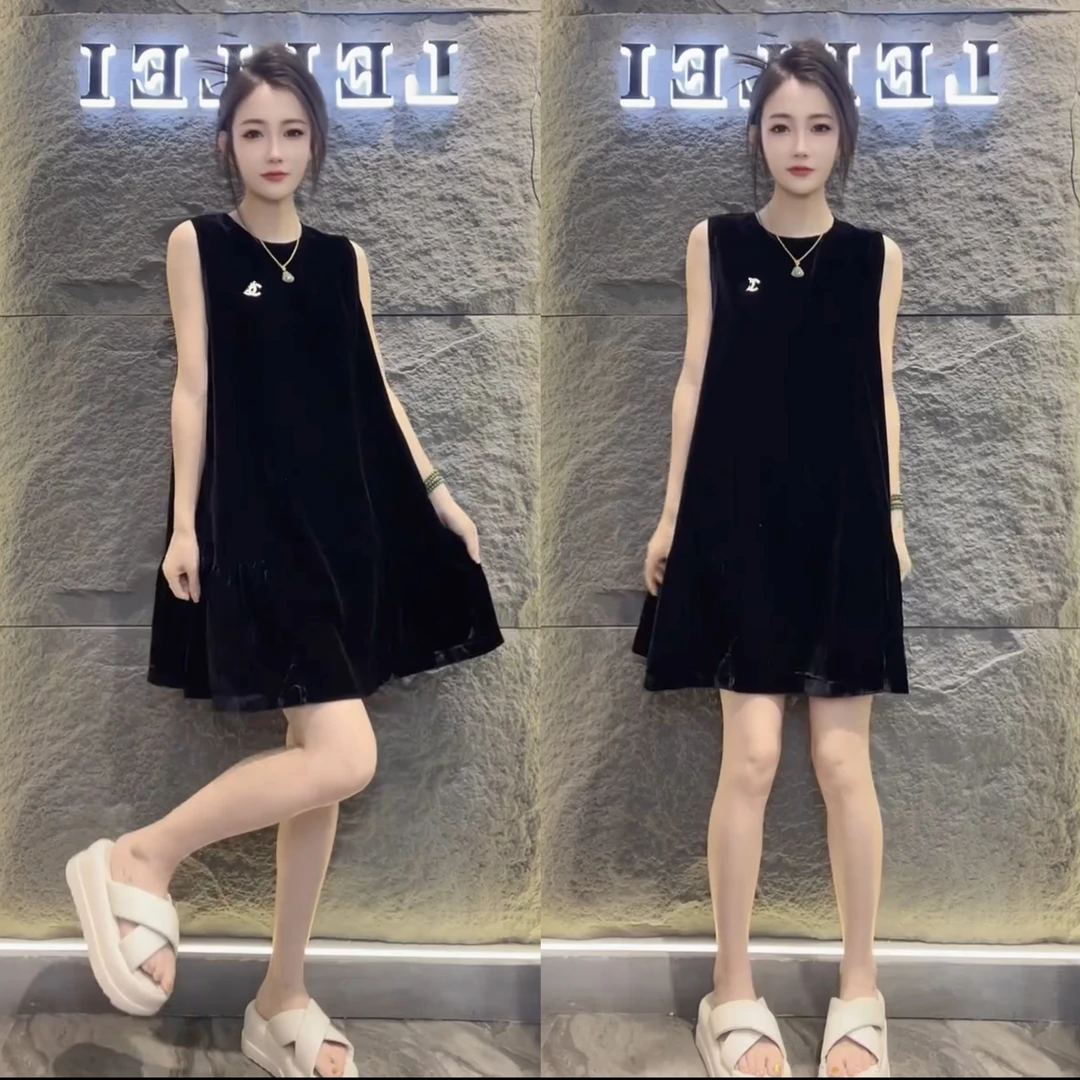 2025夏季小香风胸针气质丝绒无袖高级感圆领小黑裙连衣裙