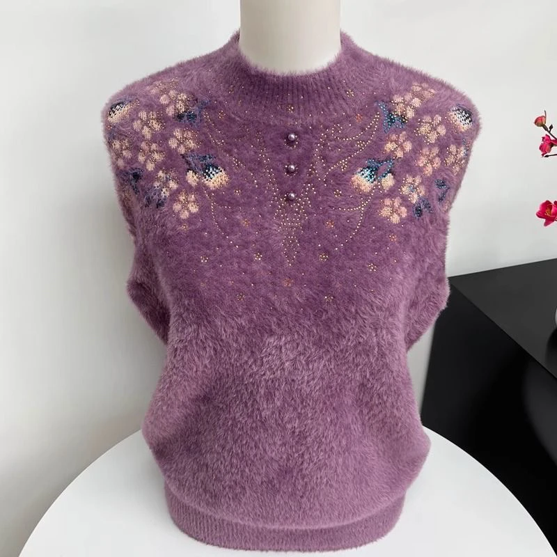 妈妈秋冬季水貂绒毛衣加厚半高领保暖上衣中老年人宽松红色打底衫