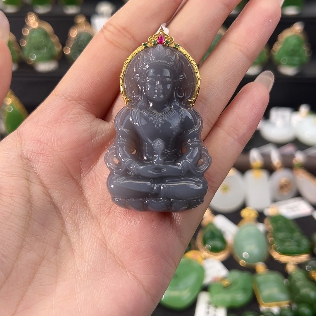 和田玉18K金镶嵌吊坠(不含链)烟紫度母50mm