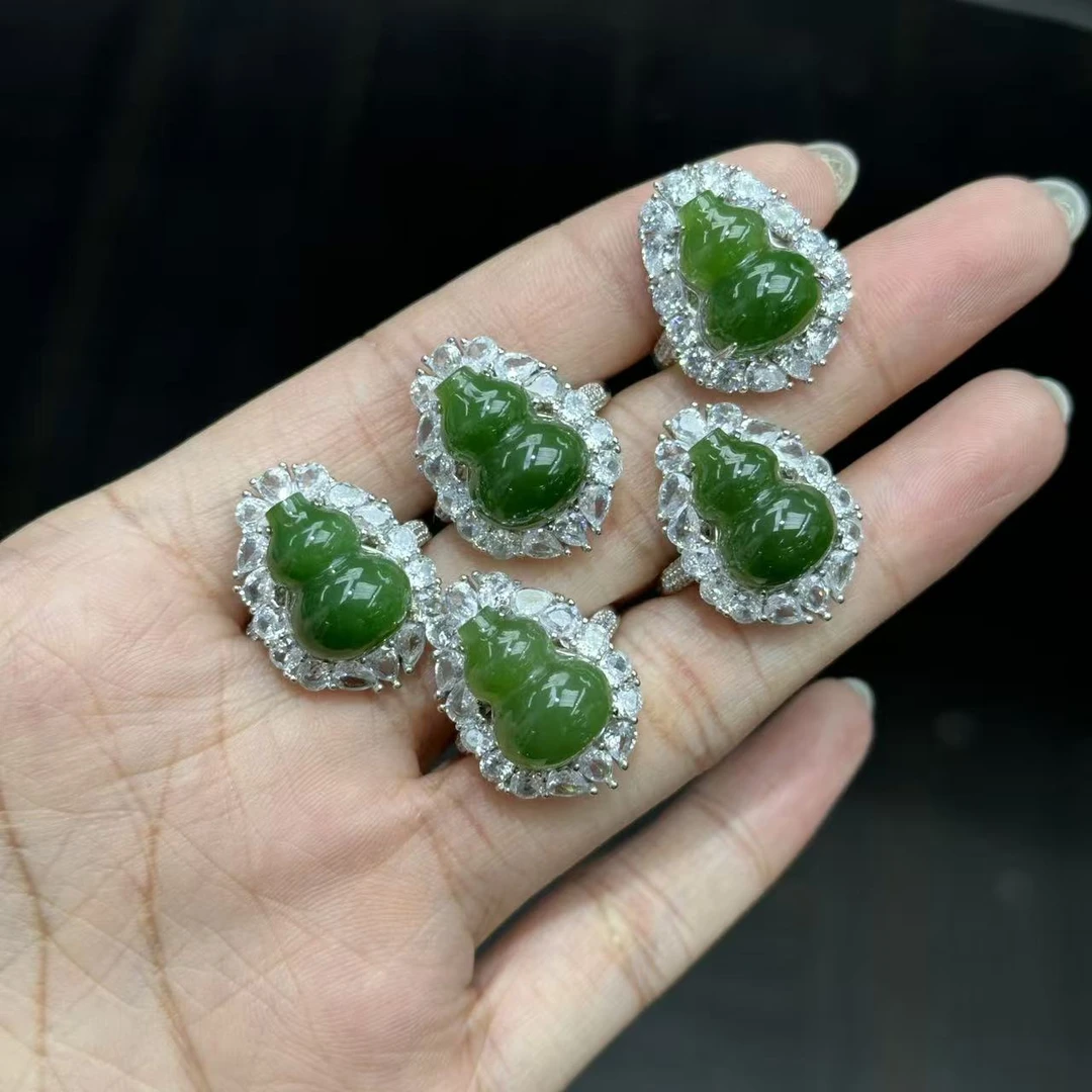 《SJ03》天然和田玉老俄料无黑点碧玉葫芦戒指s925银多样性发其一