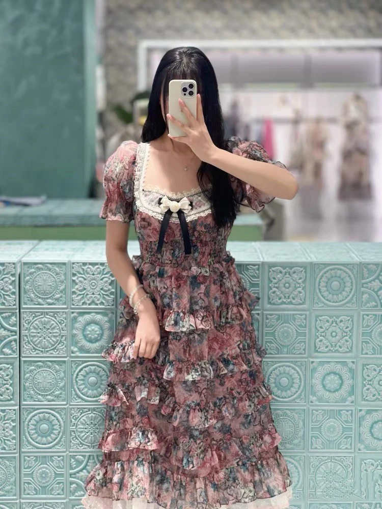 花颜颜露露夏季新款气质淑女名媛网纱蝴蝶结蛋糕裙连衣裙