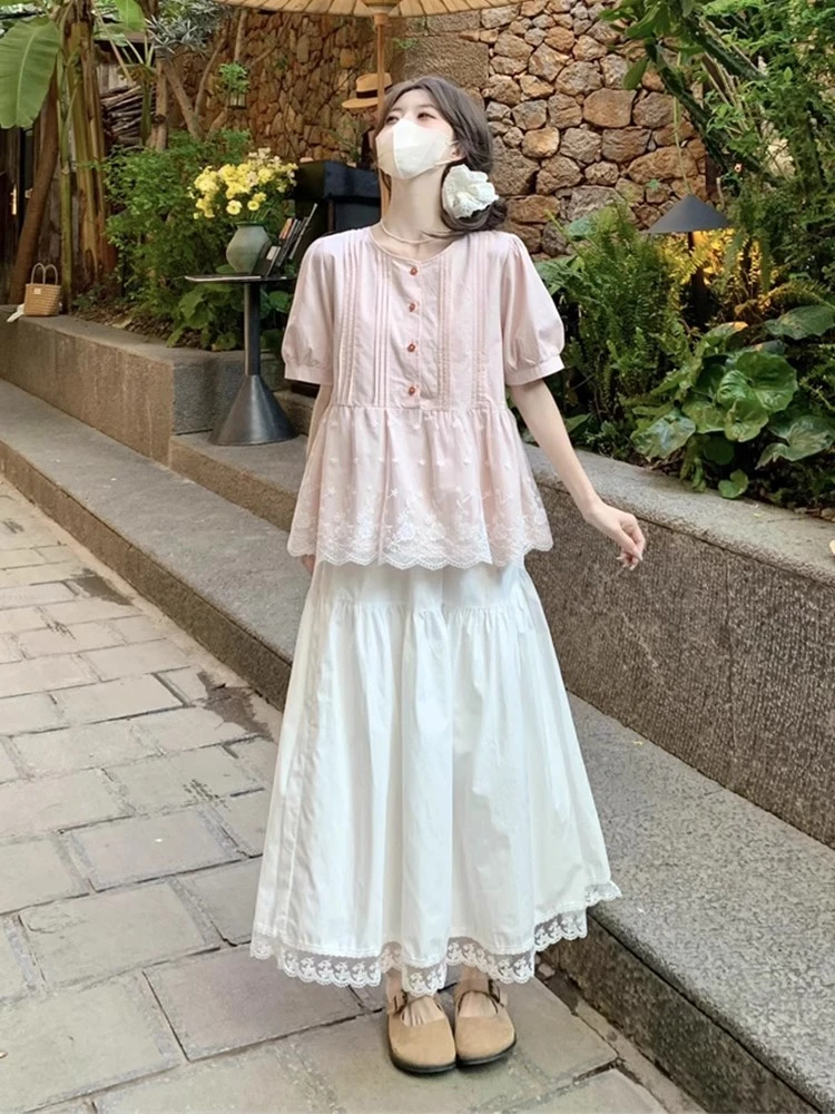 多巴胺法式小资粉色泡泡短袖衬衫女夏独特漂亮上衣miu娃娃衫套装