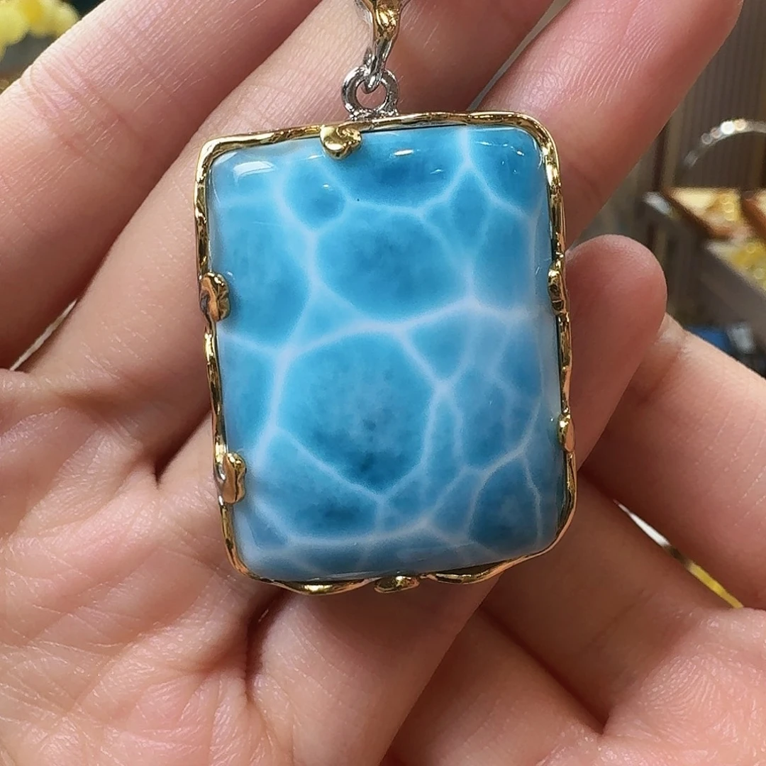 针钠钙石（海纹石）银S925镶嵌颈饰吊坠