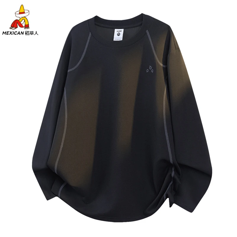 男生圆领长袖T恤男秋季潮牌卫衣春秋美式宽松休闲套头打底上衣服