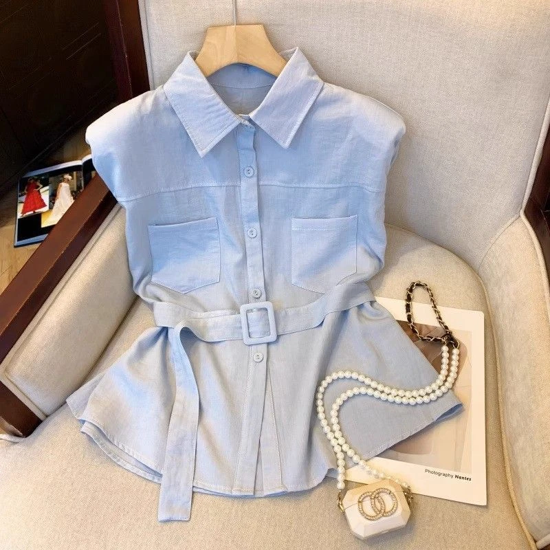 韩国风夏季款法式气质配腰带收腰又盐又甜无袖衬衣简约显瘦小衫