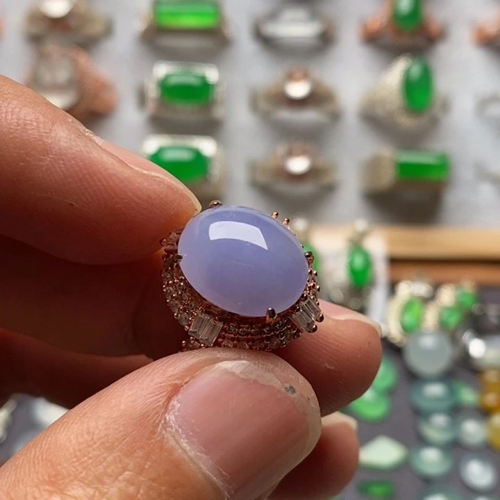 翡翠裸石糯化紫色戒面14×11.4×5.1