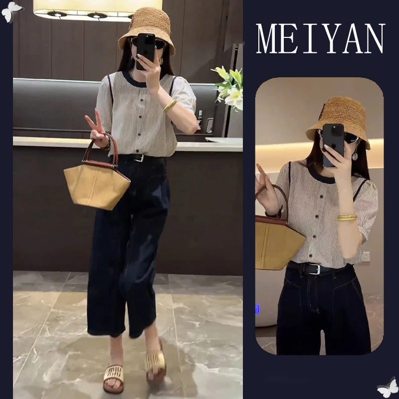 夏季时尚短袖减龄穿搭女2025新款网红圆领宽松休闲百搭衬衫女上衣