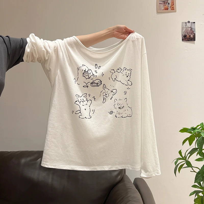 小狗印花防晒长袖T恤罩衫女2025夏季露肩微透宽松慵懒感上衣