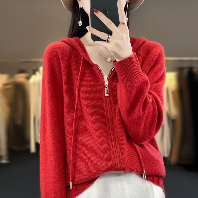 秋冬百搭新款女装针织连帽爆款开衫拉链短款宽松休闲帽衫毛衣外套