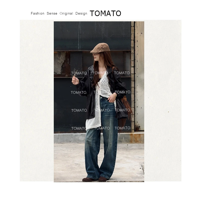 TomaTo-靛蓝-设计感宽松牛仔裤女新款高腰直筒阔腿裤C25K78245