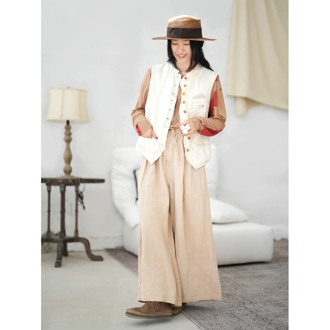 几见 原创设计春夏亚麻阔腿裤休闲裤复古风慵懒宽松垂坠感K51402