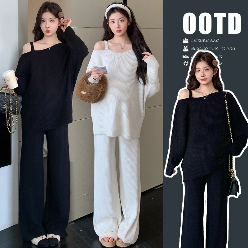 孕妇装2025新款秋冬洋气露肩宽松高腰毛衣时尚休闲针织套装两件套