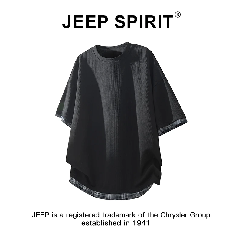 JEEPSPIRIT吉普美式复古假两件短袖t恤男夏季凉感潮流ins半袖体恤
