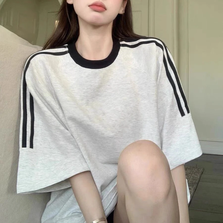 美式高街三条杠短袖T恤女夏季2025新款休闲宽松显瘦百搭半袖上衣