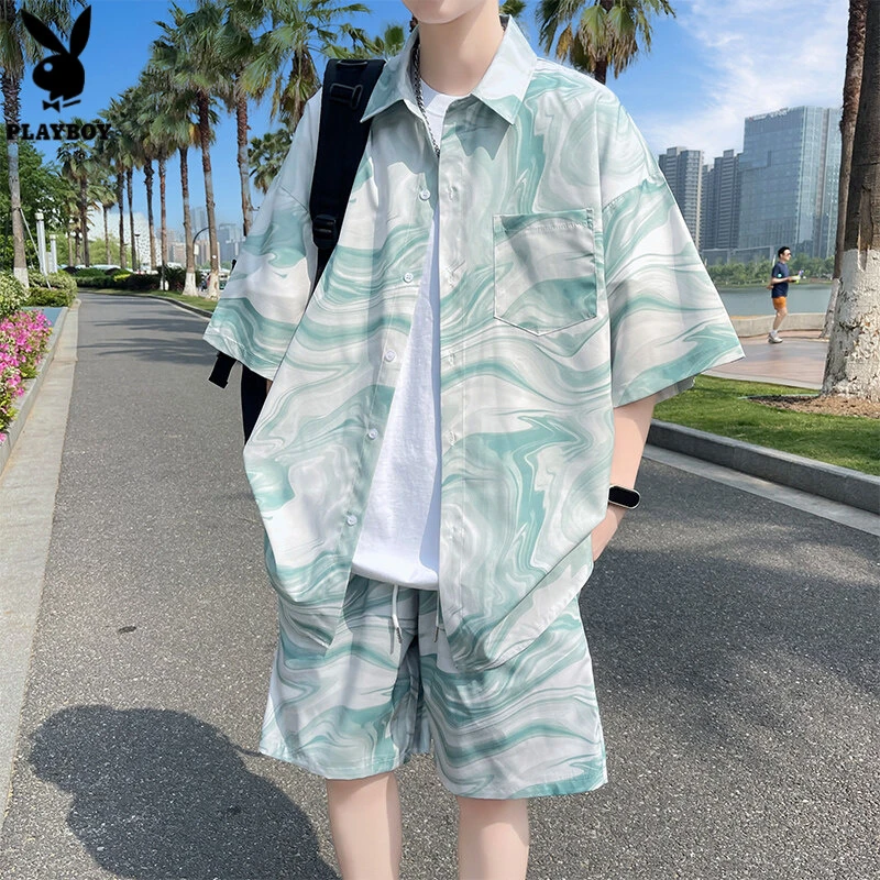 花花公子高级感短袖衬衫套装男夏季潮牌冰丝格子短裤青少年两件套