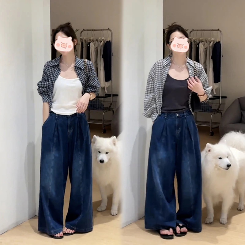 今年流行的女装套装韩系穿搭网格衬衫衬衣女宽松显瘦阔腿裤两件套