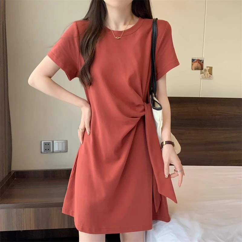 大码小个子高级感不规则连衣裙女夏季微胖mm遮肚显瘦休闲t恤裙子