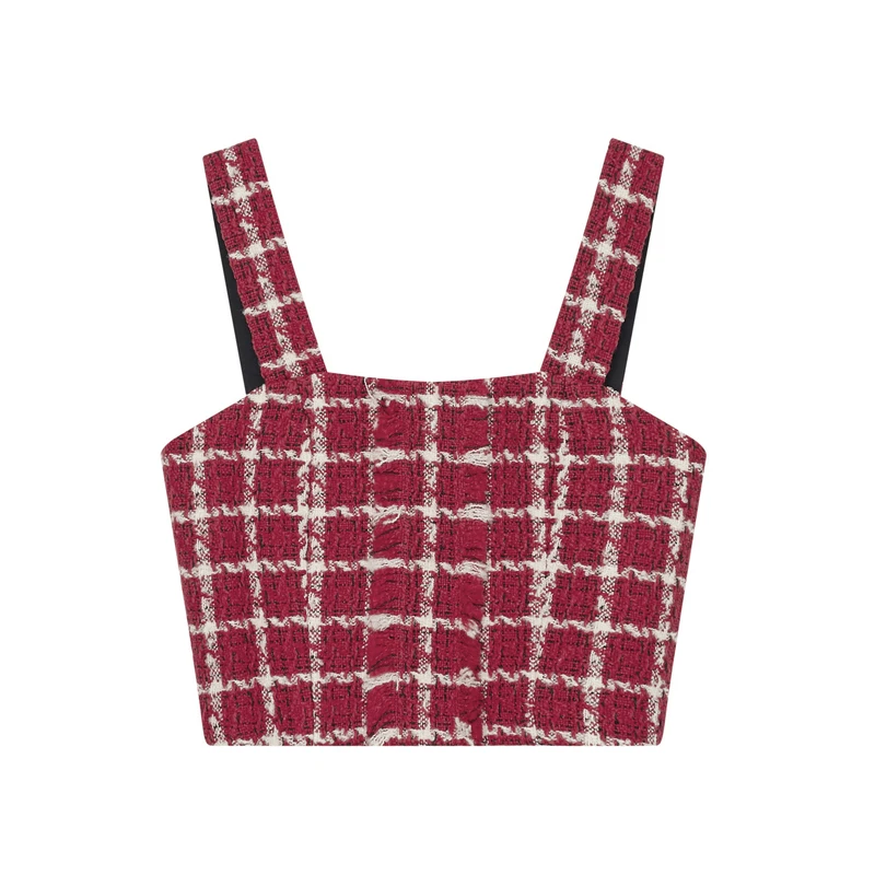 PK1113008格子复古背心通勤小香风短款时尚夏季红色无袖格纹