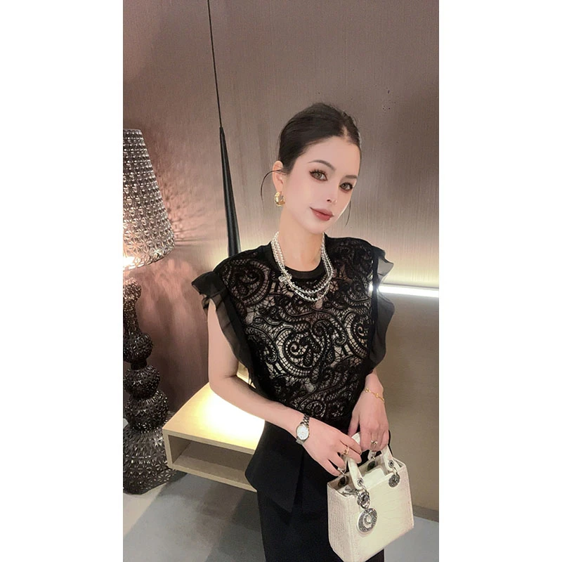 蕾丝花边袖圆领上衣SY30678