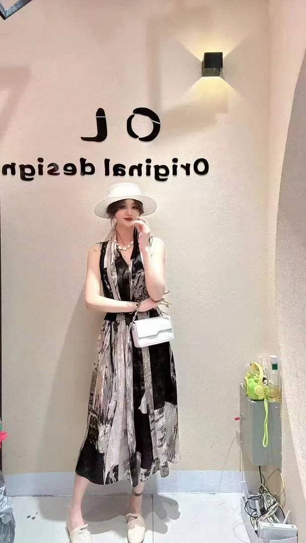 套头无袖街头风长裙拼接通勤印花夏季连衣裙蕾丝复古休闲女士